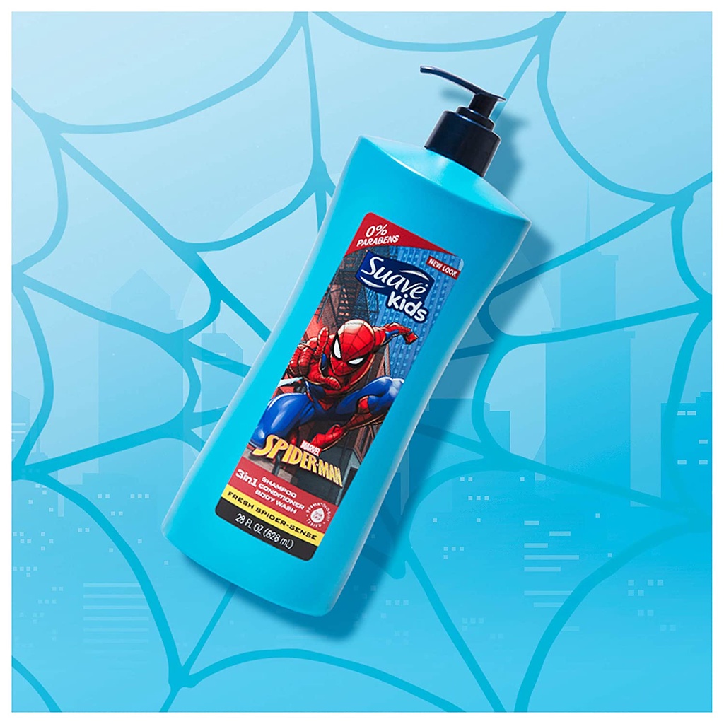 Sữa tắm, dầu gội &amp; xả 3 trong 1 cho trẻ em Suave Kids 3 in 1 Shampoo Conditioner Body Wash Spider-Sense 828ml (Mỹ)