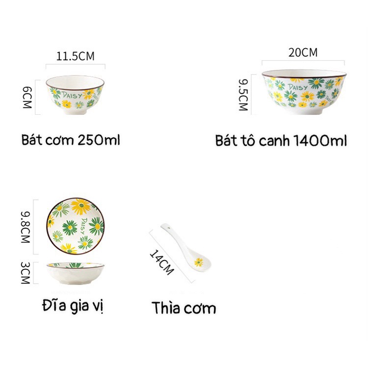 [Lẻ] Set Bát Đĩa Chén Dĩa Sứ Cúc Daisy Bát Ăn Cơm, Tô Sứ Decor Dễ Thương