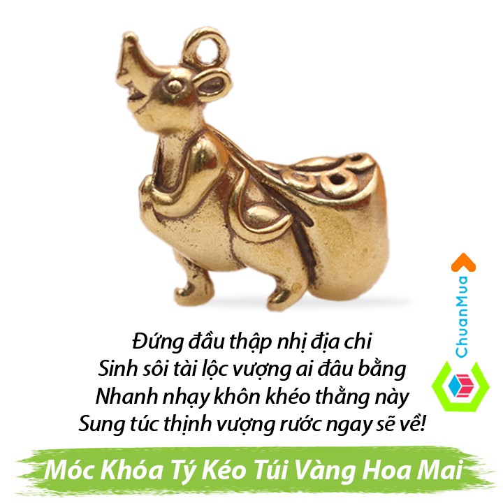 Móc khóa Chuột Kéo Túi Tiền Hoa Mai bằng đồng phong thủy (Móc khóa tuổi tý, Cao Cấp, Đồng thau nguyên chất, Giá sỉ)