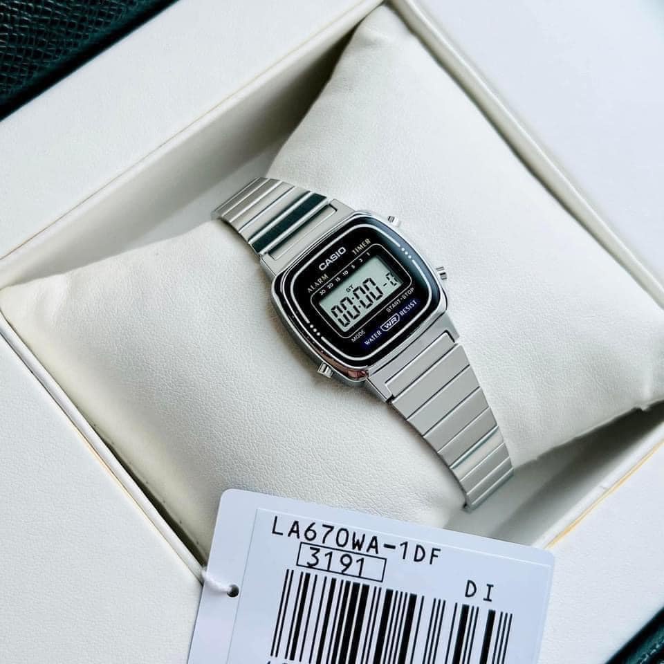 Đồng hồ Nữ Casio LA670WA-1D, đồng hồ chính hãng, bạc mặt đen