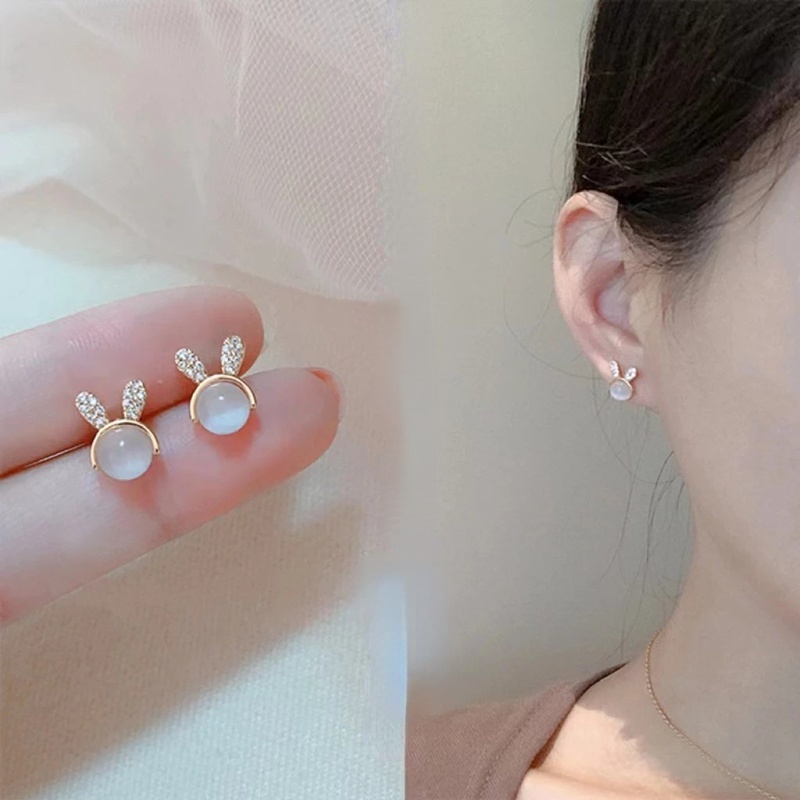 Khuyên Tai Đính Đá Opal Hình Tai Thỏ Đơn Giản Thời Trang Cho Nữ