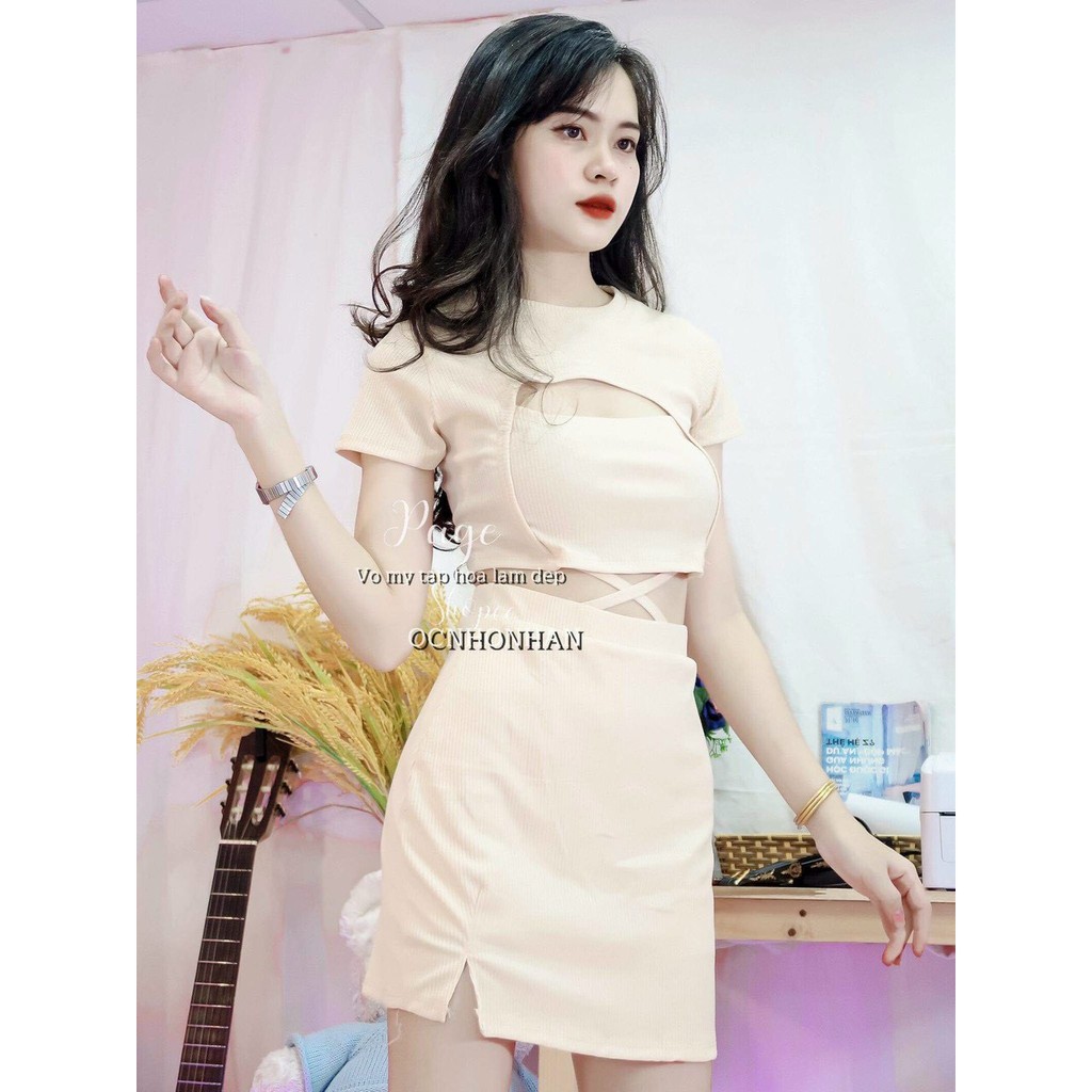 Set bộ áo tay ngắn cắt ngực quấn dây eo chân váy trơn tôn dáng ut thun gân mềm