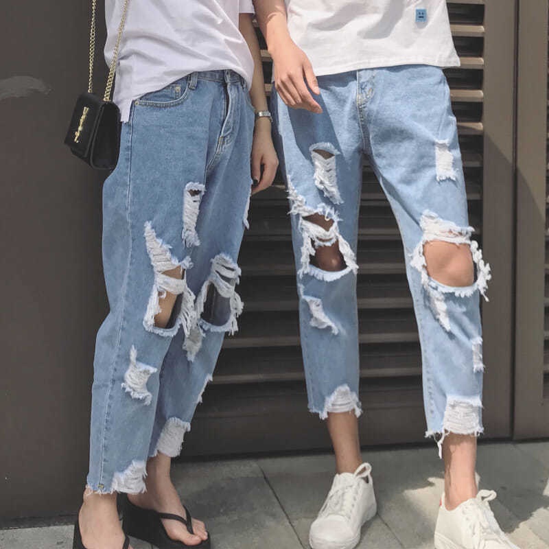 Quần Jeans Lửng Phối Vết Rách Phong Cách Hàn Quốc Mẫu Mới 2019 Thời Trang Mùa Hè Cho Cặp Đôi
