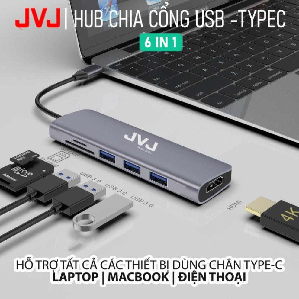 Hub type C USB C6 JVJ 6 trong 1 đa năng cổng chuyển đổi chia cổng USB 3.0 tốc độ 500Mb/s SD, TF, 4K,HDMI cho MacBook lap