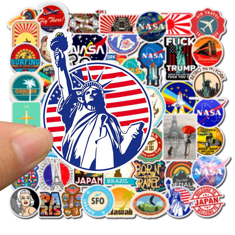 Bộ 50 Sticker dán Macbook, Vali, Mũ bảo hiểm, Điện thoại, Laptop chủ đề du lịch thế giới Travel Word