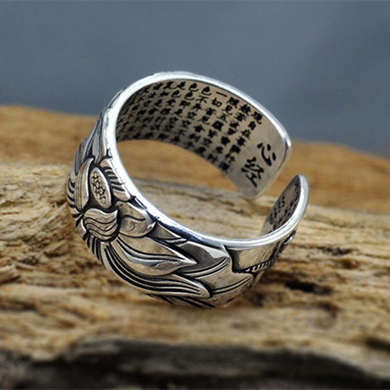 COD 100% Real 999  Silver Jewelry Lotus Flower Open Ring For Men Male Fashion Free Size Buddhistic Heart Sutra Rings Gifts MK