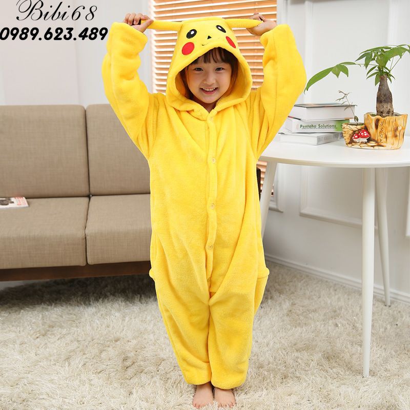 [mã BLUE5 giảm 5k] Bộ Đồ hình thú pikachu vàng liền thân lông mịn Pijama Cho Người Lớn và Trẻ Em Hoạt Hình Cosplay