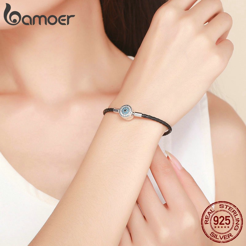 Vòng đeo tay BAMOER bạc 925 dây da bện đính đá zircon mặt mắt quỷ thời trang