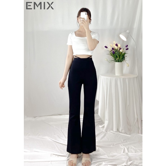 Quần ống loe dây đan cá tính tôn vòng 2 EMIX (màu đen), basic, dáng dài 95cm, cạp cao, vải thun cotton co giãn  Q820