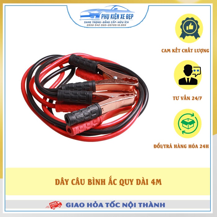 Dây Câu Bình Ắc Quy ⚡FREESHIP⚡ Dây Câu Bình Điện Ắc Quy Ô tô Dài 4m Lõi Đồng Có Kẹp Cách Điện 1000AMP, 1500AMP | 1000AMP