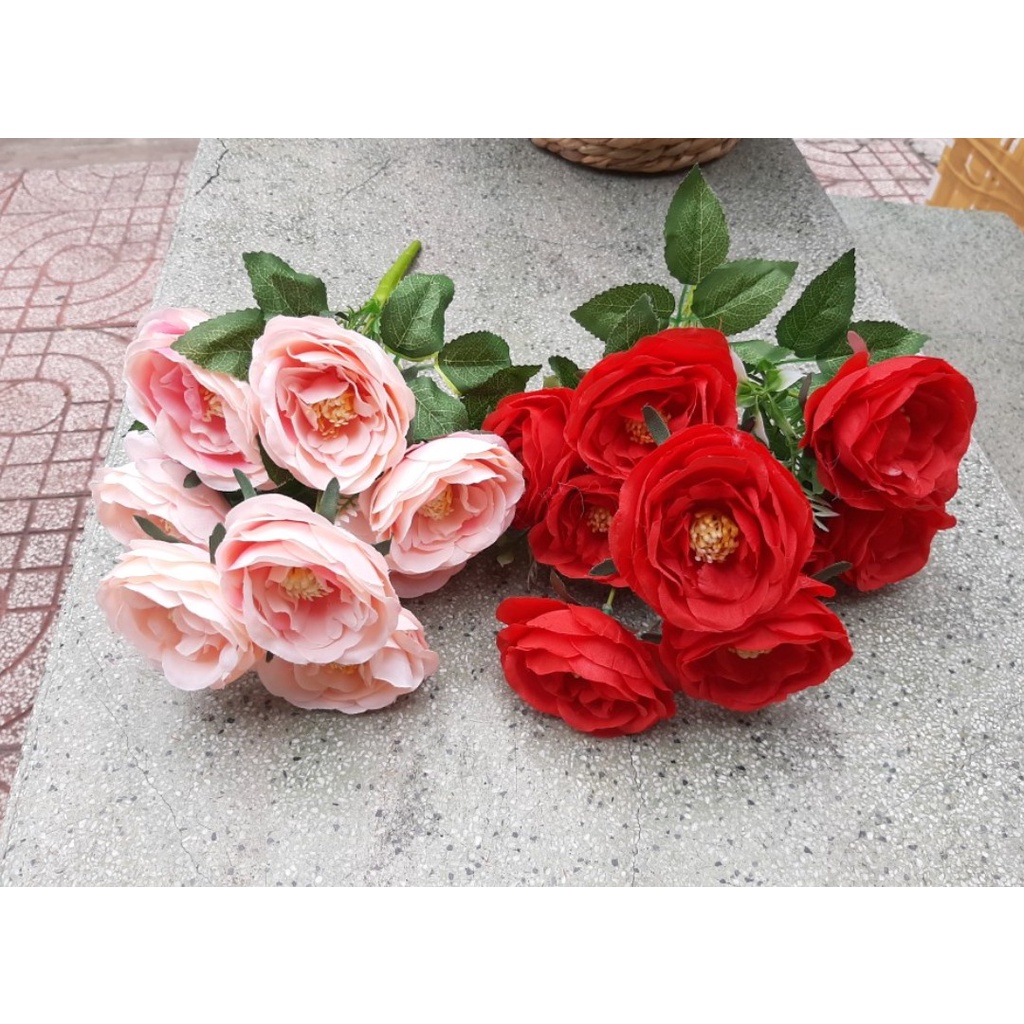 Cành Hoa Hồng Cao Cấp 9 Hoa Nở Dài 40cm. Hoa Giả- Hoa Trang Trí Nhà Cửa-Phụ Kiện Chụp Ảnh.