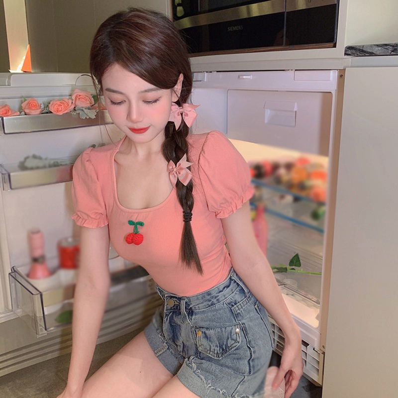 Áo Cotton Tay Ngắn Phồng Màu Trơn Họa Tiết Quả Cherry Thời Trang Mùa Hè Dành Cho Nữ