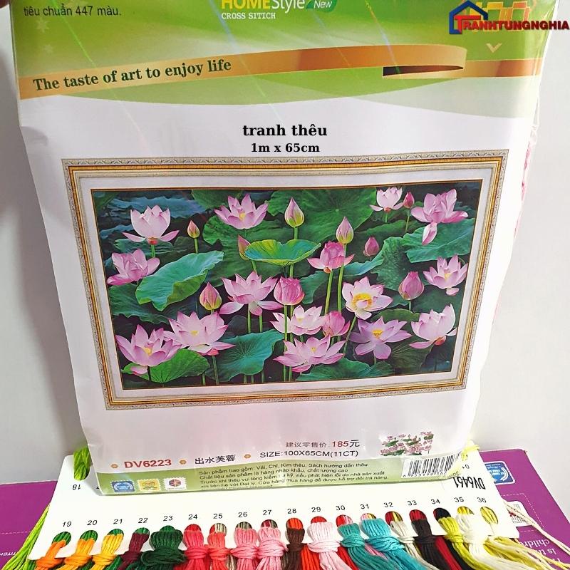 Tranh đính đá, tranh thêu chữ thập đầm sen 1m x 65cm - 1m50 x 80cm
