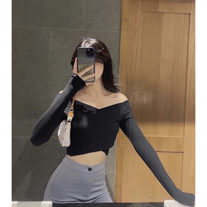 Áo Croptop Tay Dài Đắp Chéo Chất Thun Gân Kiểu Mới YUMI BÁN SỈ Áo Dài Tay Trễ Vai Đắp Chéo Siêu Hot 2022