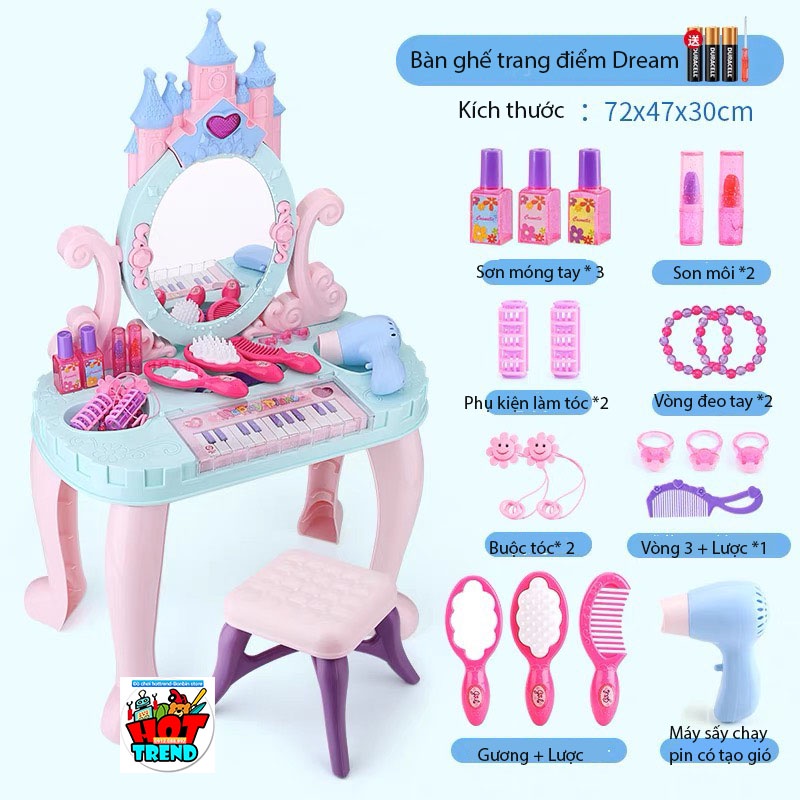 Bộ bàn ghế trang điểm cho bé gái mẫu mới 31pcs màu hồng, hàng loại 1 -MÁY SẤY TẠO GIÓ ,CÓ ĐÈN