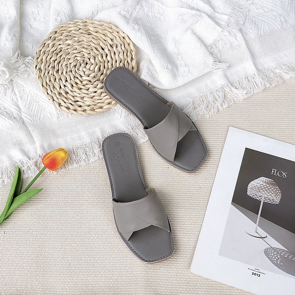 Dép nữ quai ngang NALLDOS, Quai da Microfiber, đế 2cm TPR chống trượt 6 màu (Đen, Bò, Trắng, Kem, Vàng và Xanh)