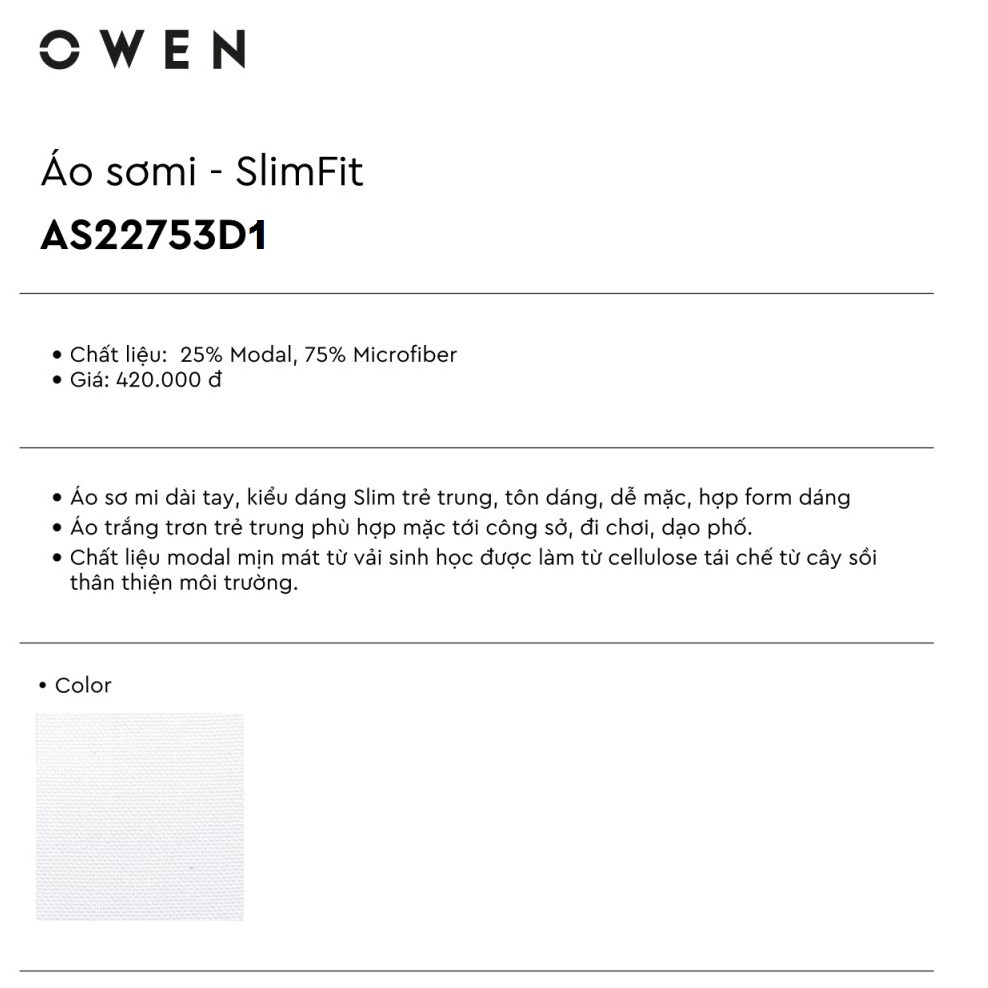 Áo Sơ Mi Trắng Nam Tay Dài Owen AS22753D1 Dáng Slim Fit Không Túi Ngực Màu Trắng Trơn Vải Sợi Sồi | BigBuy360 - bigbuy360.vn