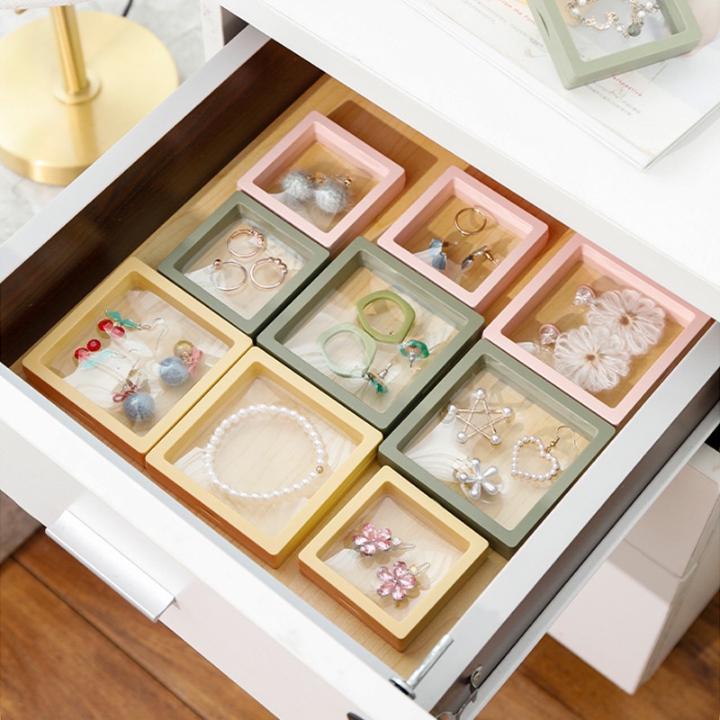 Hộp Nhựa PE Trong Suốt Tinh Tế Kèm Đế Trưng Bày Khuyên Tai/ Nhẫn/ Đồng Xu Chống Bụi