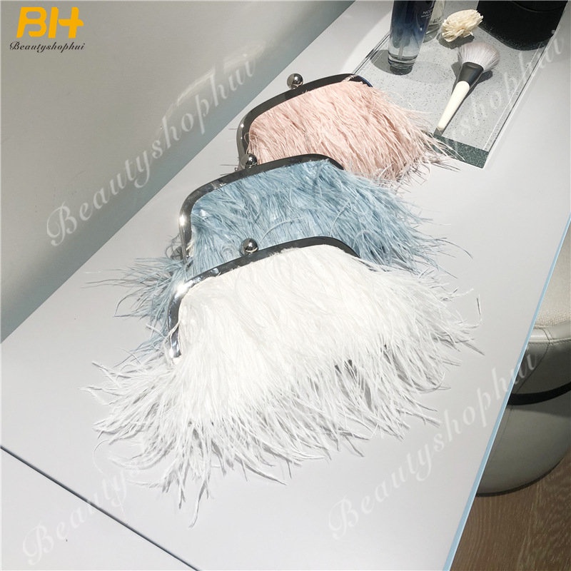 Túi Đeo Chéo Lông Đà Điểu Đính Ngọc Trai Thời Trang Cho Nữ