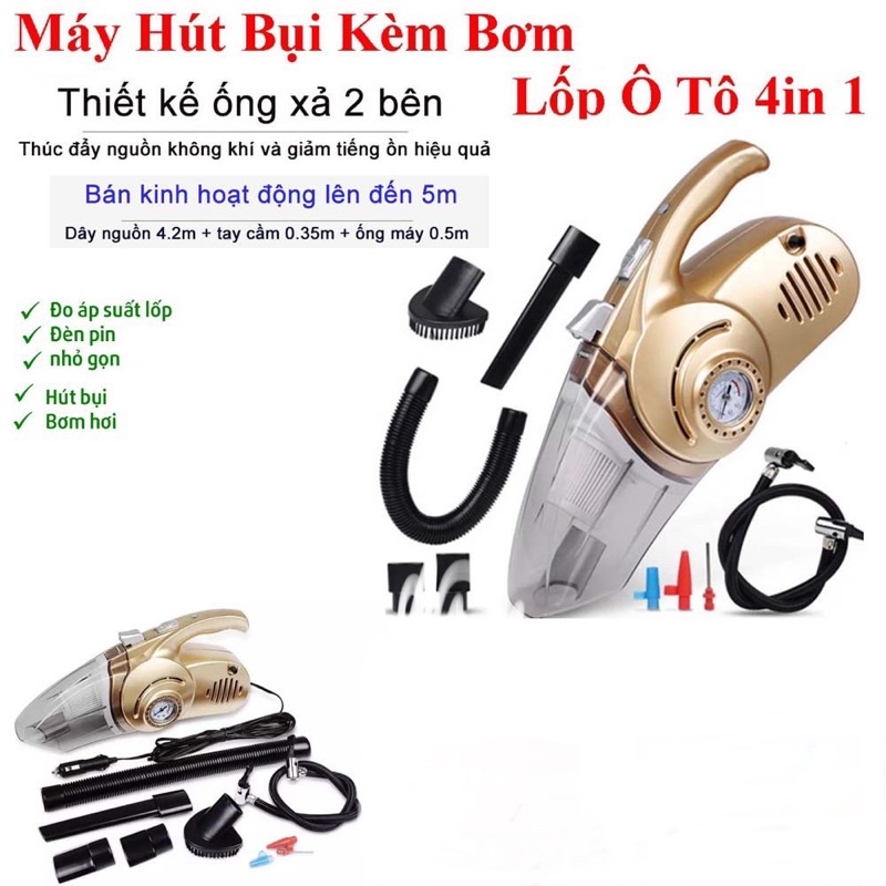 Máy Hút Bụi Ô Tô Cầm Tay Đa Năng 4 trong 1 Kiêm Bơm Lốp Xe Đèn Pin Và Đo Áp Suất Xe