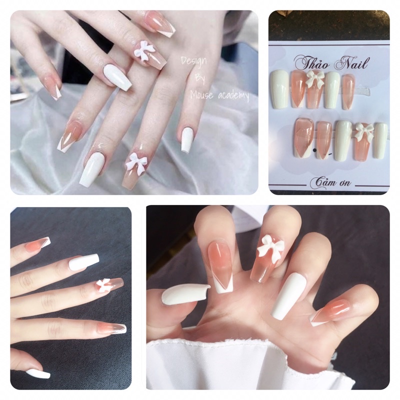 Nailbox thiết kế đính nơ tặng keo và dũa móng màu trắng sang trọng