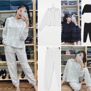 Bộ nỉ nữ trơn có mũ dài tay màu đen / ghi