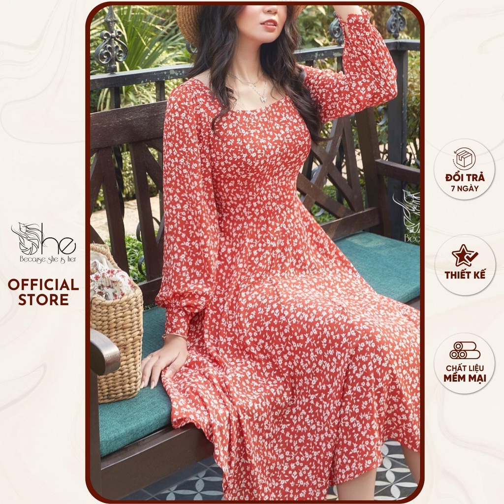 Đầm công chúa nữ dáng xòe She, Đầm nữ công chúa xếp li tay dài hoa voan SDX137