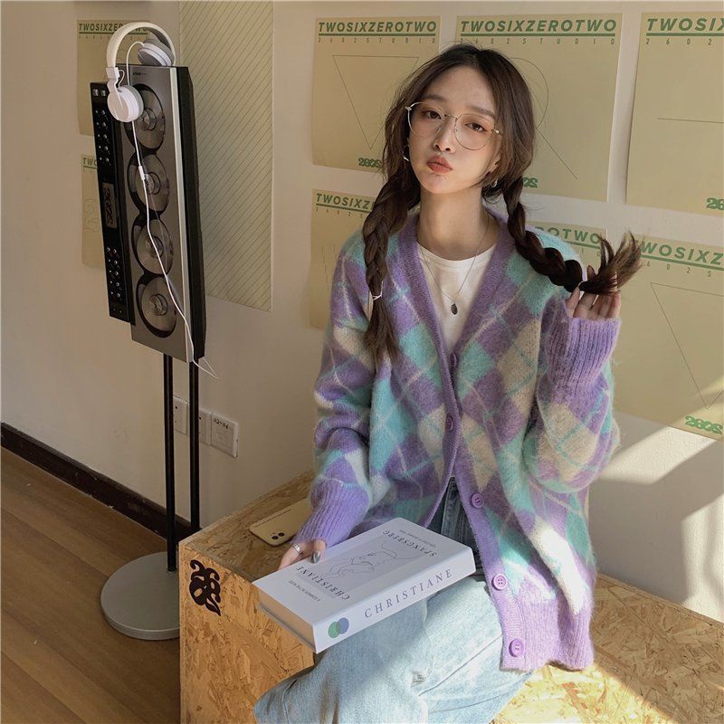Áo Khoác Cardigan Dệt Kim Vải Nhung Màu Tím Phong Cách Hàn Quốc Mới 2021