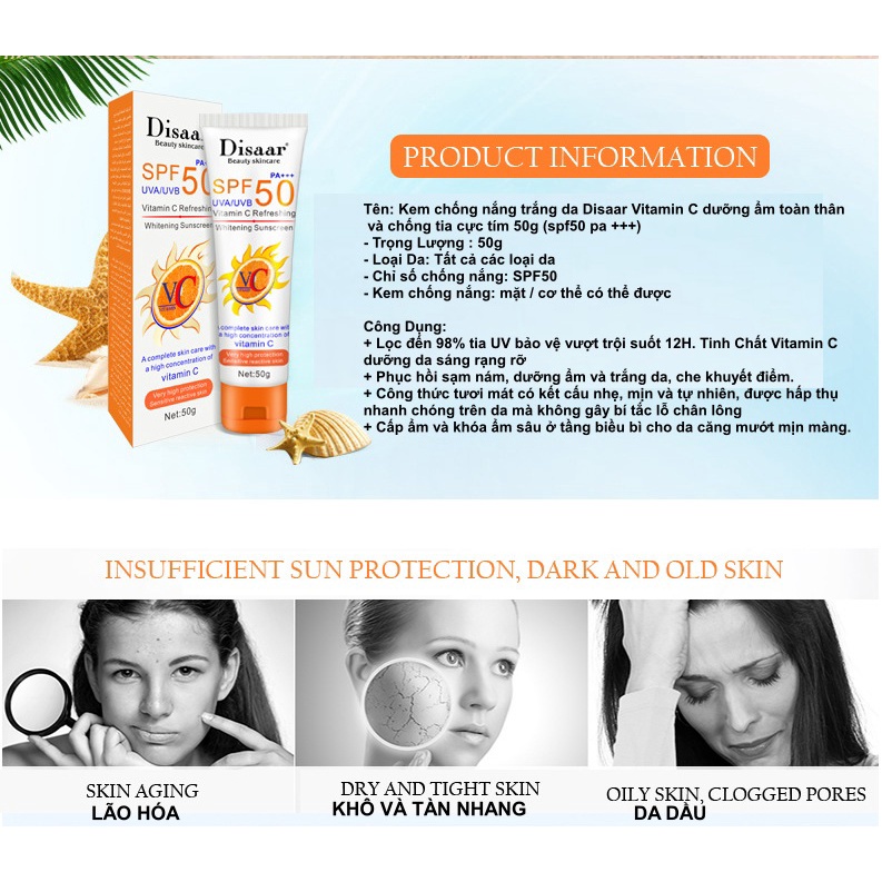 Kem chống nắng trắng da Disaar Vitamin C 50g bảo vệ da với SPF 50+ PA++++ giúp da sáng rạng rỡ