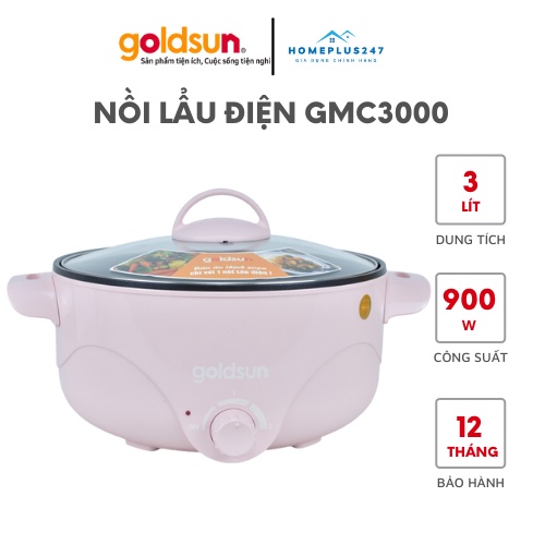 Nồi lẩu đa năng mini chống dính, Nồi nấu điện Goldsun GMC3000 dung tích 3L màu hồng dễ thương, Bảo hành 12 tháng