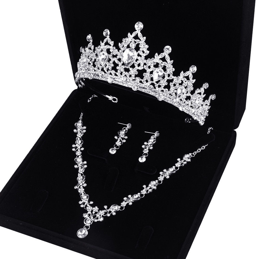 Set vòng cổ + vương miện kèm bông tai đính đá pha lê cho nữ