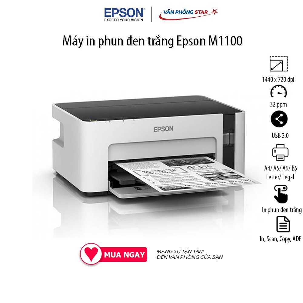 Máy in Epson M1100 in phun trắng đen, 30 trang/phút, 1440 dpi x 720 dpi, kết nối USB 2.0  Bảo hành chính hãng 4 năm