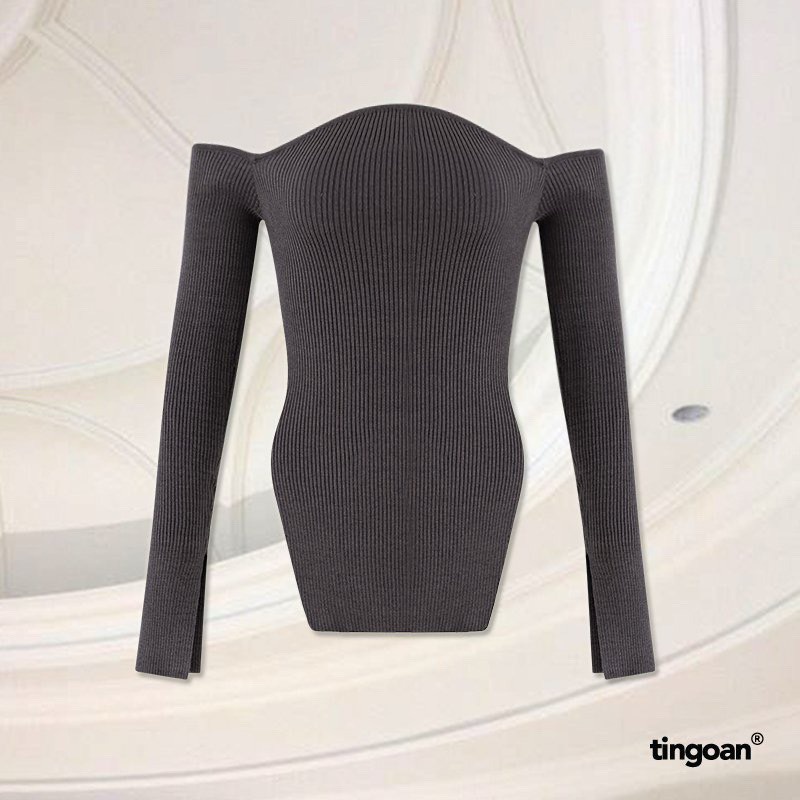 TINGOAN® - Áo len xù trễ vai lượn viền ngực xẻ vạt thân và tay xám KISS ME AGAIN TOP/GR