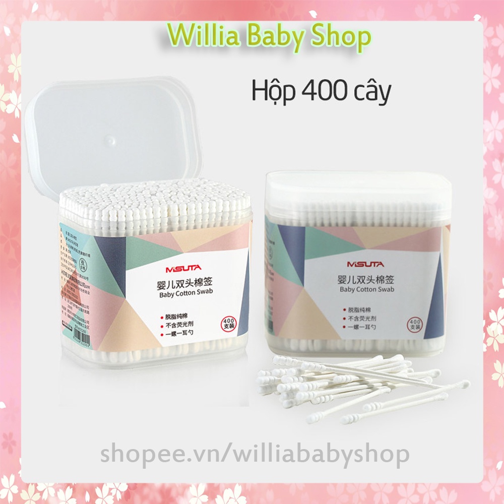 Tăm bông cho bé sơ sinh được làm từ bông tự nhiên hộp 400 que Misuta