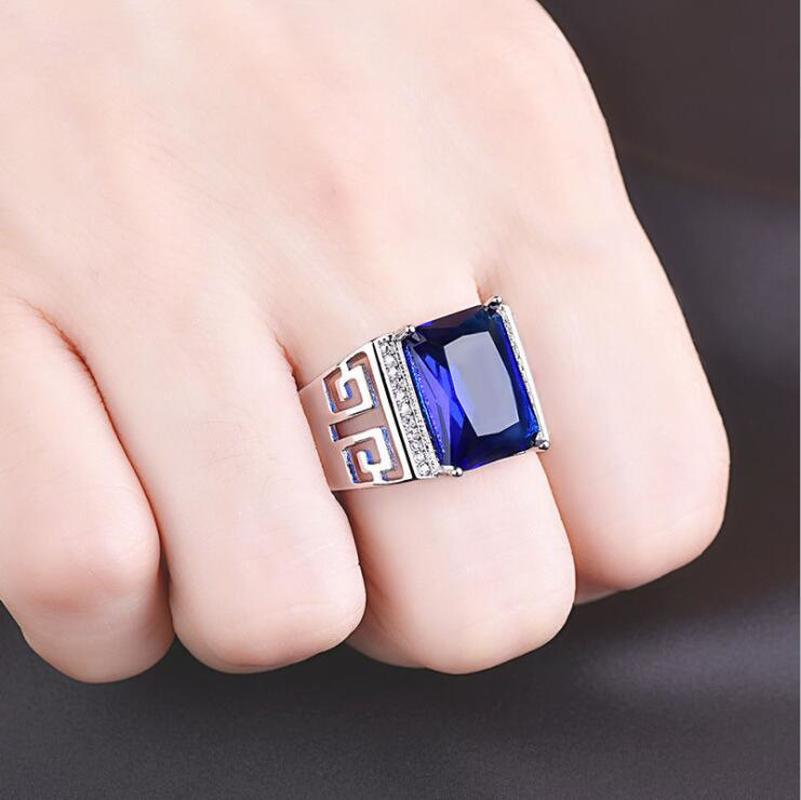 Nhẫn bạc S925 thép titan đính kim cương sapphire xanh lam thanh lịch