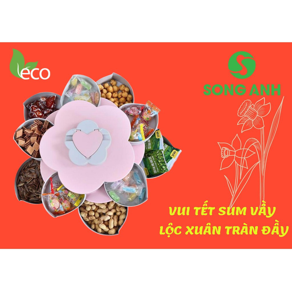 Hộp Mứt Xoay , Khay Đựng Mứt Tết Bánh Kẹo Màu Hồng 2 Tầng 10 Cánh Sen Xoay Chất Liệu Lúa Mạch Mẫu Mới 2021 Song Anh