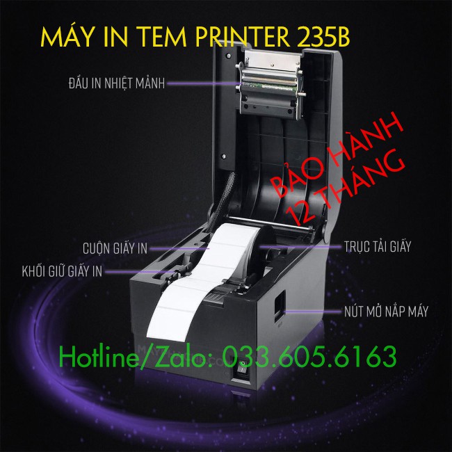 Máy in tem mã vạch dán ly trà sữa hãng Xprinter 235B sử dụng cuộn tem 50x30mm hoặc 40x30mm | BigBuy360 - bigbuy360.vn