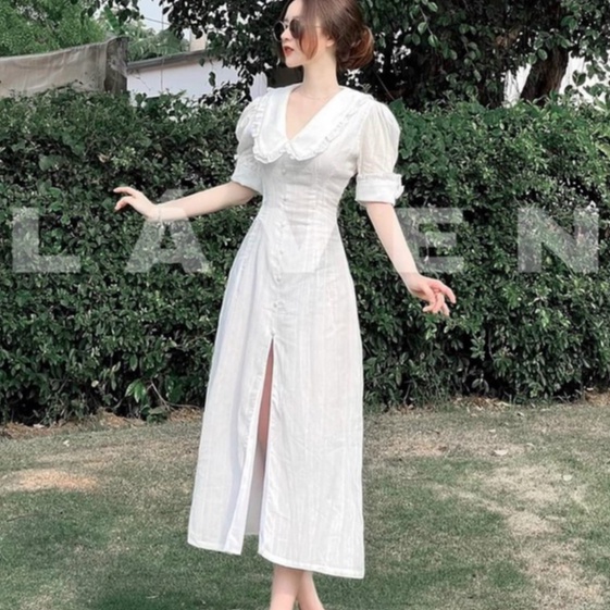 Đầm tiểu thư bèo cổ dáng dài xẻ tà trước bao tôn dáng cho nàng đi chơi dự tiệc