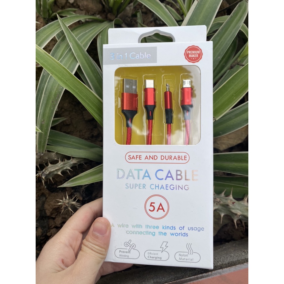Cáp Sạc Nhanh 3 Đầu 5A (3 in 1 Cable) Bọc Dù Siêu Bền Sạc Nhanh Chống Xoắn Gãy Gập Dây Cáp
