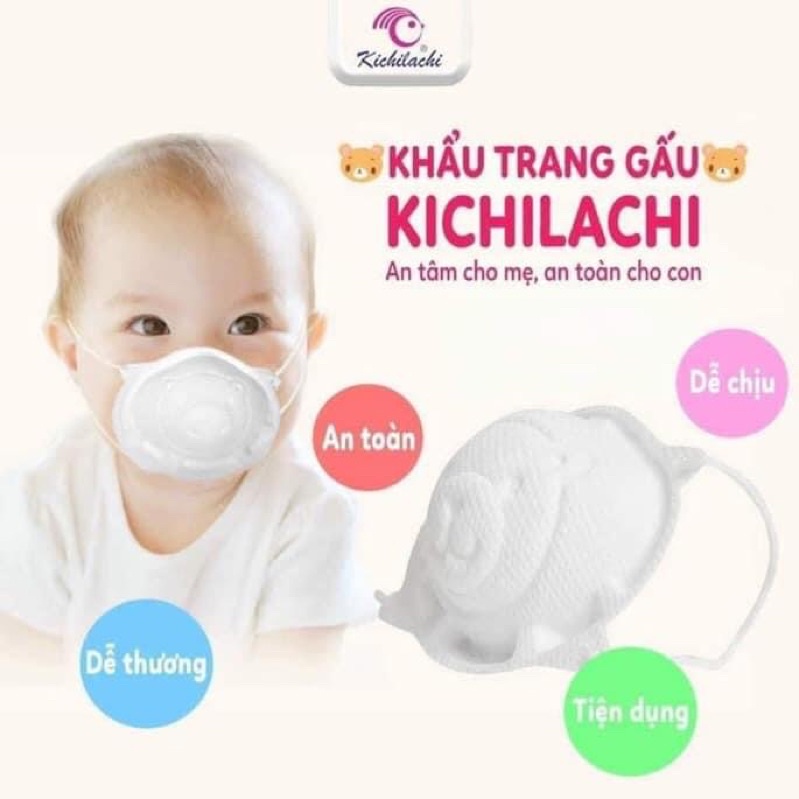 Set 3 khẩu trang gấu Kichi cho bé, có nút điều chỉnh