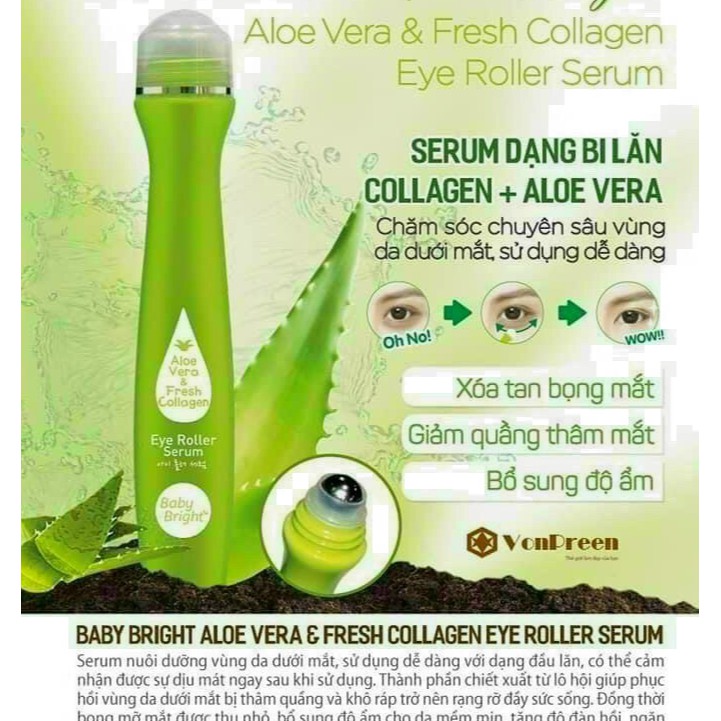 [Ảnh thật] Cây Lăn Mắt Lô Hội Collagen Tươi Baby Bright Aloe Vera & Fresh Collagen Eye Roller Serum 15ml