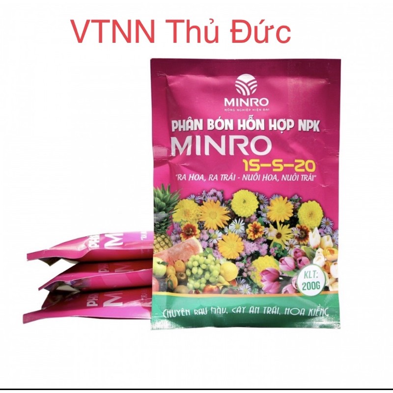 Phân NPK Minro 15-5-20 dùng ra hoa, đậu trái gói 200gram