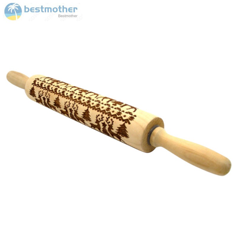 ✿BM✦ Christmas Rolling Pin Engraved Carved Wood Embossed Rolling Pin Kitchen Tool