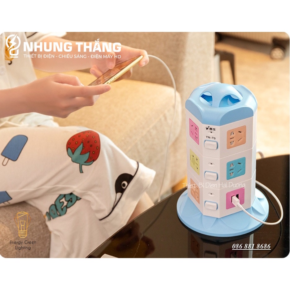 Ổ Cắm Điện Đứng Đa Năng TN-2,3,4 Tầng - Dây Dài 2m8 Tặng Kèm Phích Cắm Chuyển Đổi - Bảo Hành 1 Năm