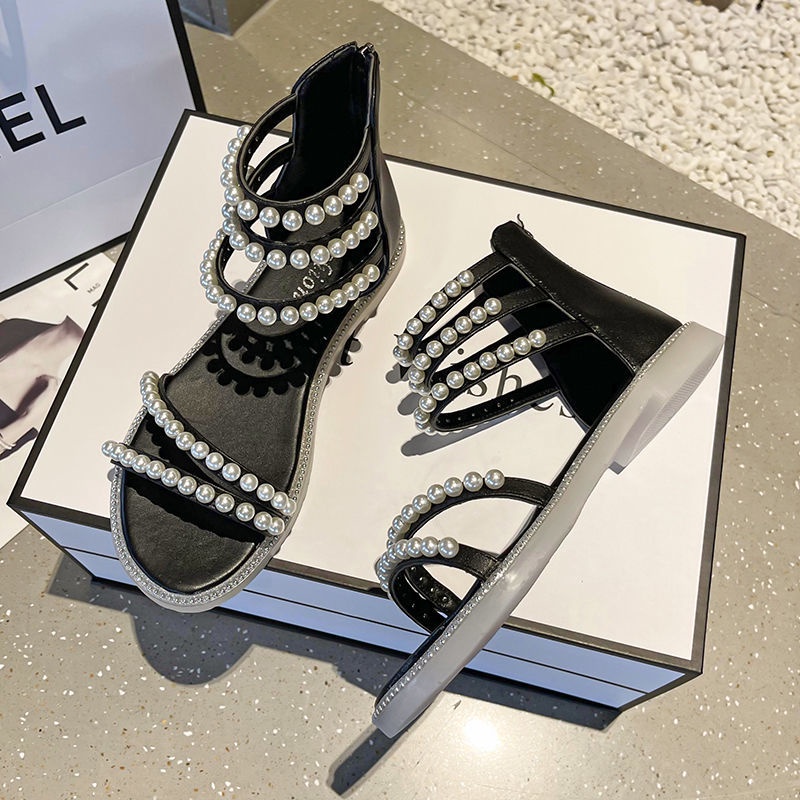 Giày Sandal Đế Bằng Đính Ngọc Trai Phong Cách Hàn Quốc Thời Trang Mùa Hè