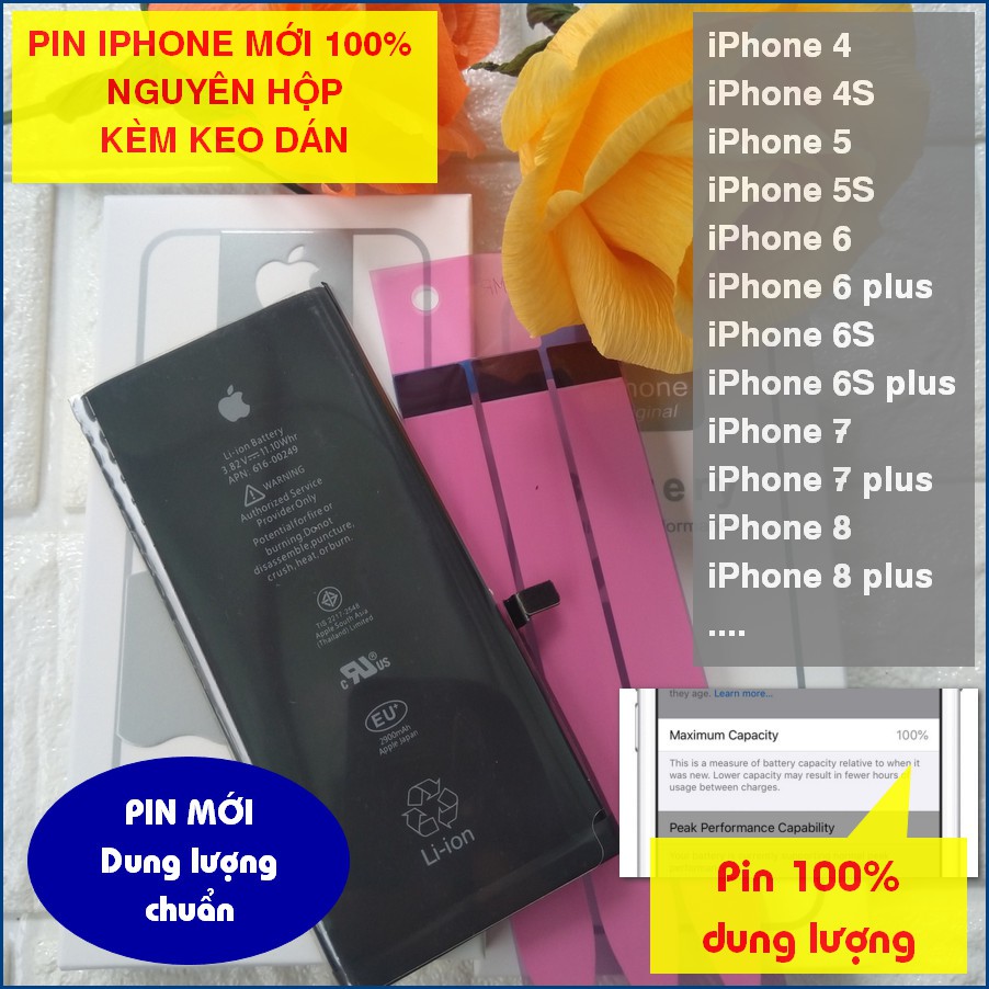 Pin iPhone 4/ 4s/ 5/ 5s/ SE/ 6/ 6S/ 7/ 6plus/ 6Splus/ 7plus/ 8/ 8plus/ X/ XR/ XS/ XSMax (Mới FULLBOX)