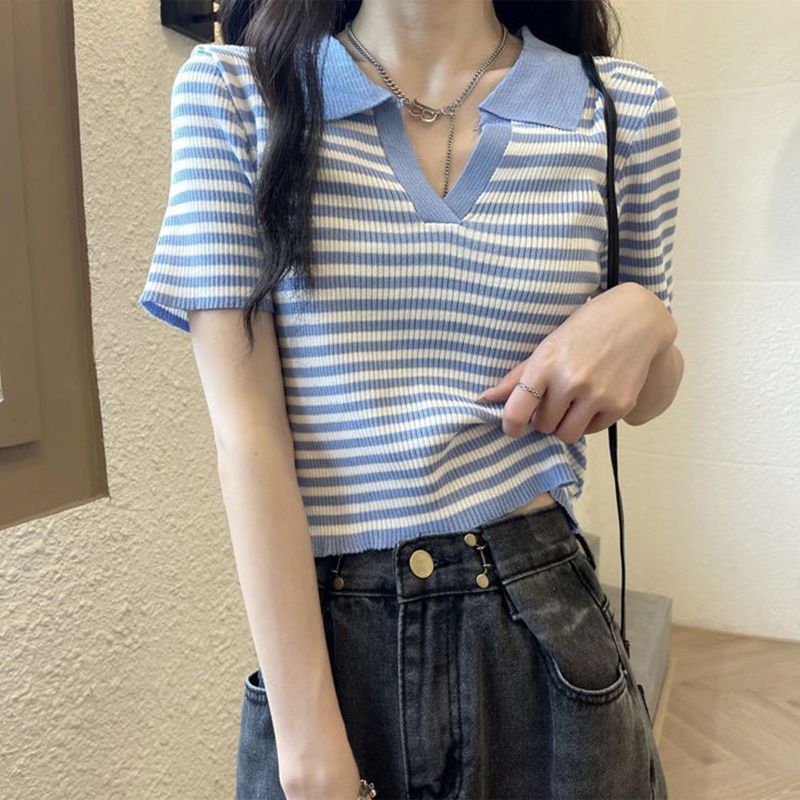Áo Croptop Dệt Kim Tay Ngắn Cổ Chữ V Họa Tiết Kẻ Sọc Màu Sắc Tương Phản Thời Trang Mùa Hè Cho Nữ
