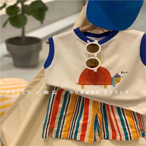 Set Áo Thun Tay Ngắn + Quần Short Kẻ Sọc Màu Sắc Tương Phản Phong Cách Hàn Quốc Thời Trang Cho Bé Từ 0-6 Tuổi