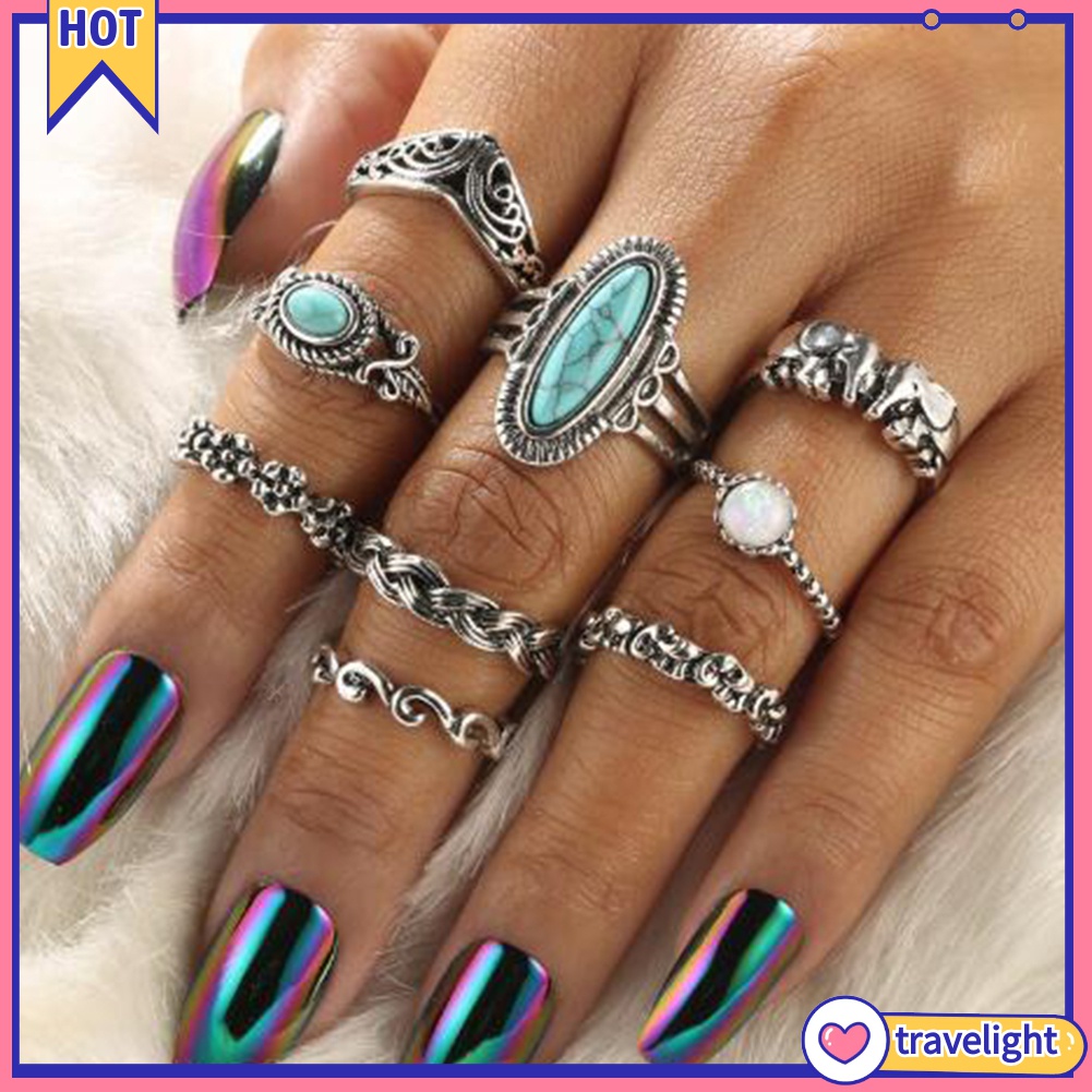 Set 9 nhẫn đeo khớp ngón tay phong cách Boho thời trang cho nữ