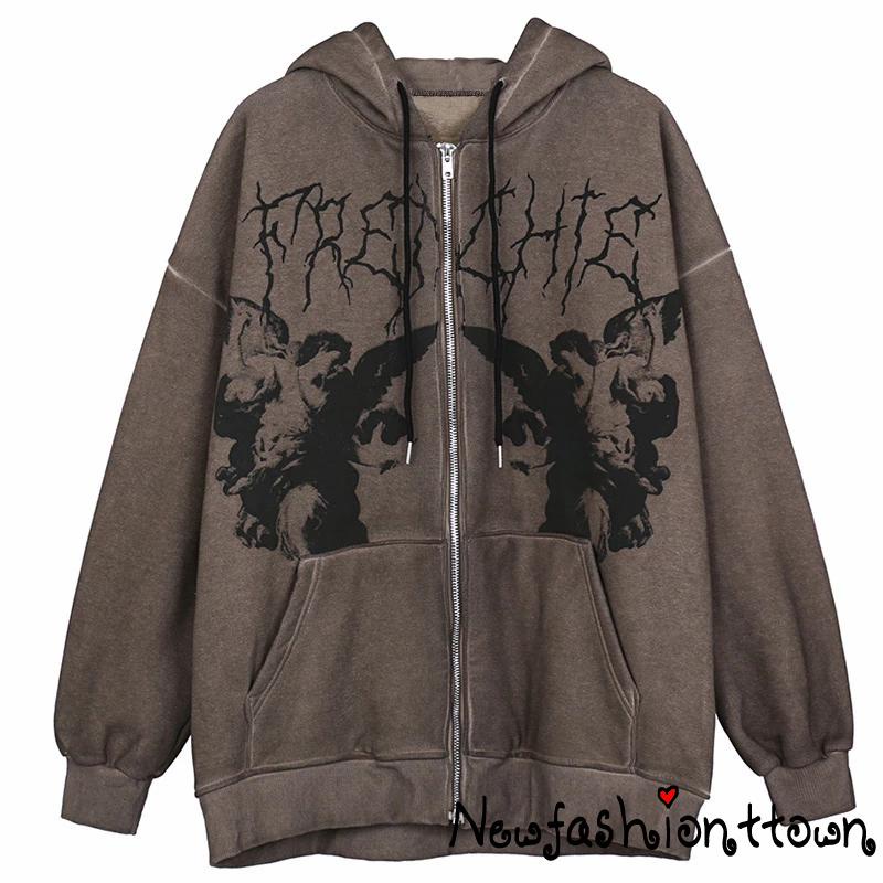 Tw Áo Khoác Tay Dài Dáng Rộng Có Dây Kéo Và Túi Phong Cách punk gothic Đường Phố Kích Thước Lớn Y2K Cho Nữ